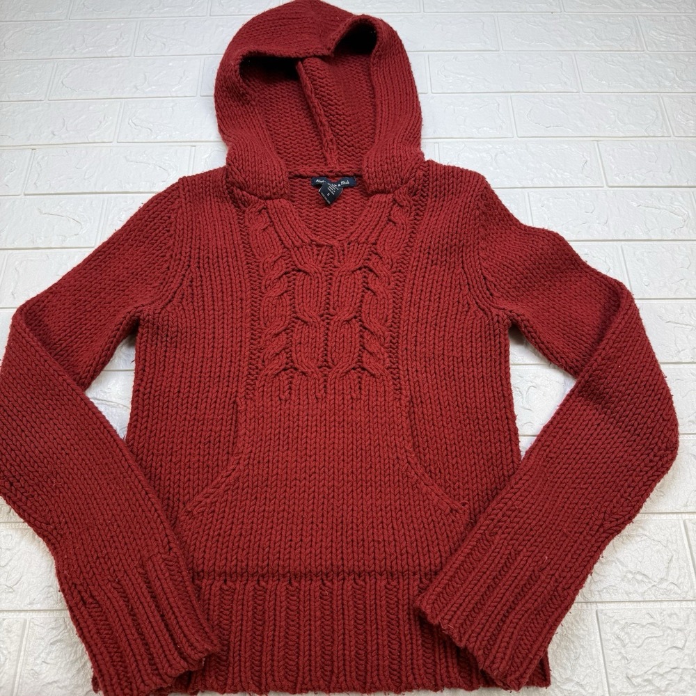 Abercrombie & Fitch Vintage Wool Blend Cable Knit Hooded Red Sweater Small